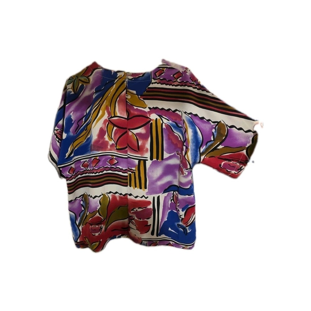VTG CHE STUDIO Multi-Color Short Sleeve Abstract Art Blouse 80s Floral Vibrant L - Picture 2 of 3